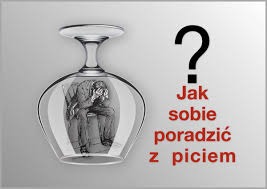 Stylizowany rysunek przedstawiający skuloną postać siedzącą wewnątrz odwróconego kieliszka, obok napis 'Jak sobie poradzić z piciem?' z dużym znakiem zapytania.