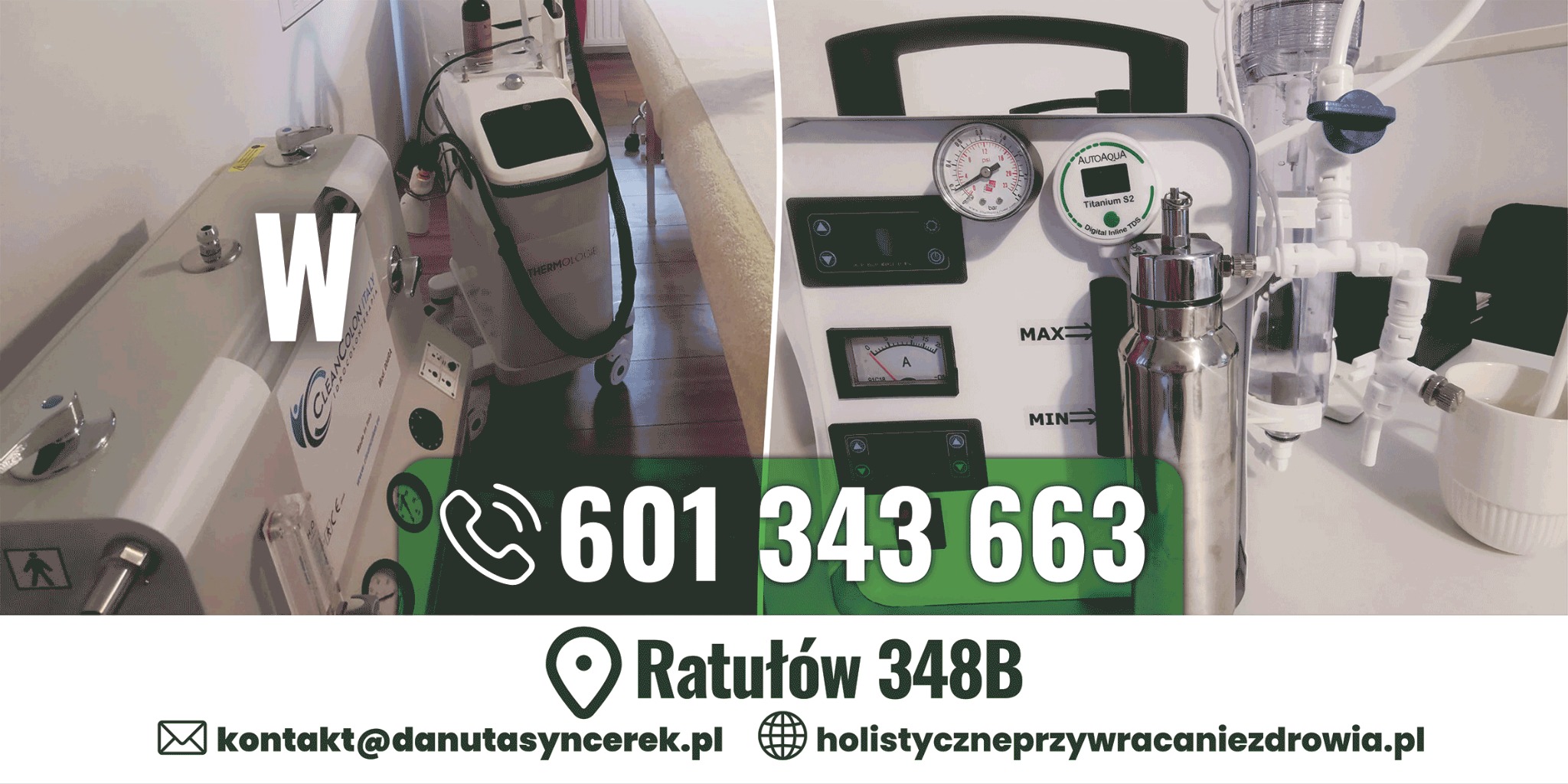 Aparatura do hydrokolonoterapii: Clean Colon Italy, AutoAqua Titanium S2. Urządzenia w gabinecie, widoczny numer telefonu i adres e-mail.
