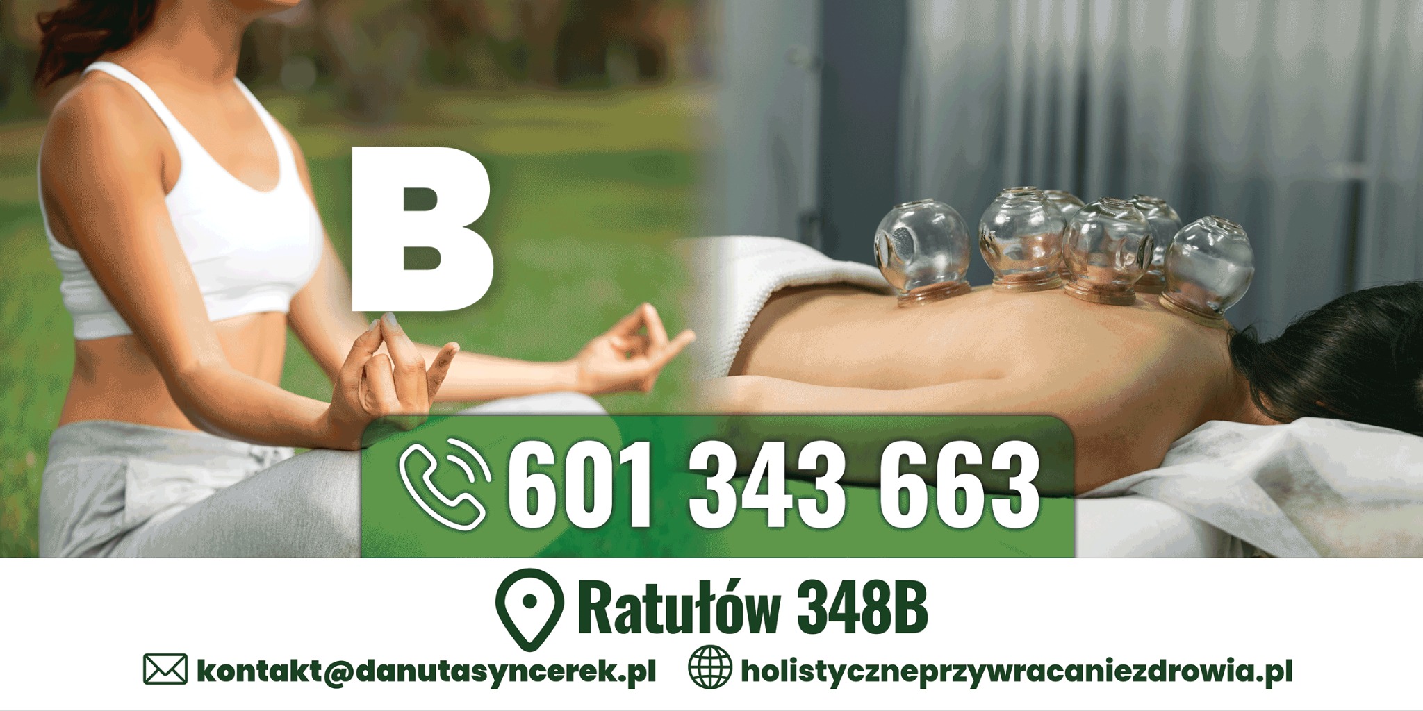 Kobieta w pozycji lotosu i plecy z bańkami próżniowymi, na tle z numerem telefonu i adresem, promujące holistyczne podejście do zdrowia.