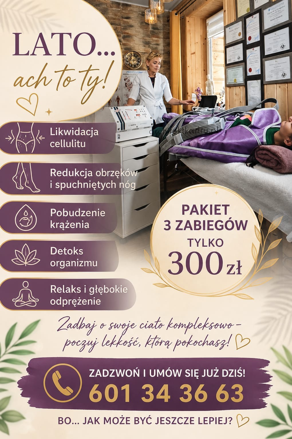 Presoterapia: kobieta poddawana zabiegowi na leżance, obok stoi urządzenie. Na ścianie dyplomy. Reklama pakietu 3 zabiegów w cenie 300 zł.