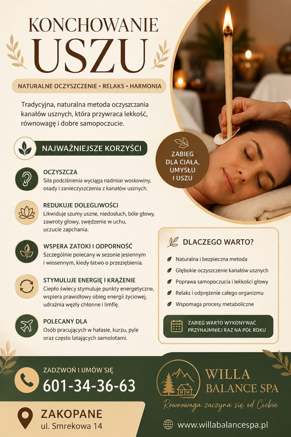 Konchowanie uszu: kobieta relaksuje się podczas zabiegu naturalnego oczyszczania uszu świecą, w tle logo Willa Balance Spa z Zakopanego. Naturalne oczyszczenie, relaks, harmonia.