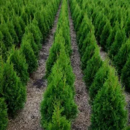Szkółka tuj szmaragdowych, równe rzędy młodych drzewek iglastych na ściółce z kory.