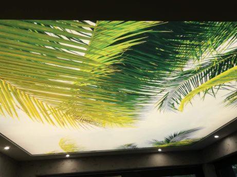 Podświetlany sufit napinany z nadrukiem liści palmowych, widoczne halogenowe punkty oświetleniowe.
