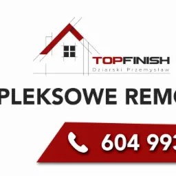Logo firmy Topfinish Dziarski Przemysław oferującej kompleksowe remonty, z numerem telefonu na czerwonym tle.