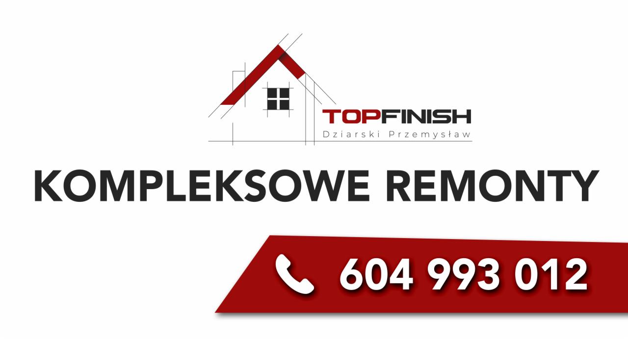 Logo firmy Topfinish Dziarski Przemysław oferującej kompleksowe remonty, z numerem telefonu na czerwonym tle.