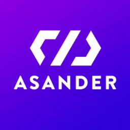 Logo firmy ASANDER z symbolem nawiasów ostrych w kolorze białym na fioletowo-różowym tle gradientowym.