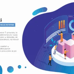 Ilustracja przedstawia analizę statystyk witryny internetowej z wykorzystaniem wykresów słupkowych i kołowych, prezentowanych na ekranach w tle. Postacie w scenie symbolizują użytkowników...