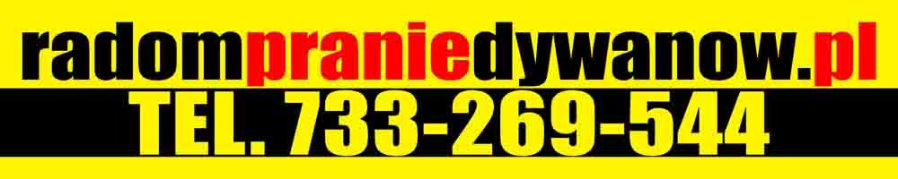 Żółto-czarne logo firmy oferującej usługi w Radomiu, z wyraźnie widocznym adresem strony internetowej radompraniedywanow.pl oraz numerem telefonu 733-269-544.