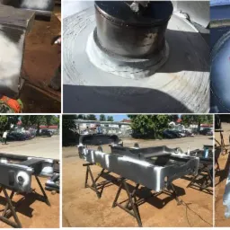 Seria zbliżeń na spawane elementy konstrukcji stalowej, ukazujące detale spoin i obróbki powierzchni, w tym szlifowanie i malowanie, z widocznymi numerami identyfikacyjnymi na elementach...