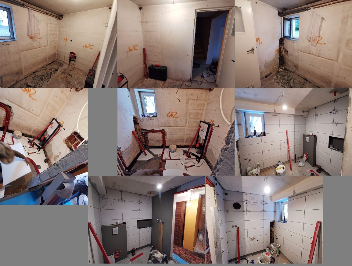 Mozaika zdjęć przedstawiająca etapy remontu łazienki: od stanu surowego z instalacjami, przez montaż płyt kartonowo-gipsowych, po układanie płytek ceramicznych na ścianach, z widocznymi narzędziami...
