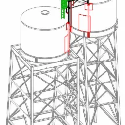 Grafika CAD przedstawiająca dwie stalowe wieże pod zbiorniki z platformą dostępową na szczycie, z zielonymi elementami wskazującymi na nową konstrukcję lub modyfikację.