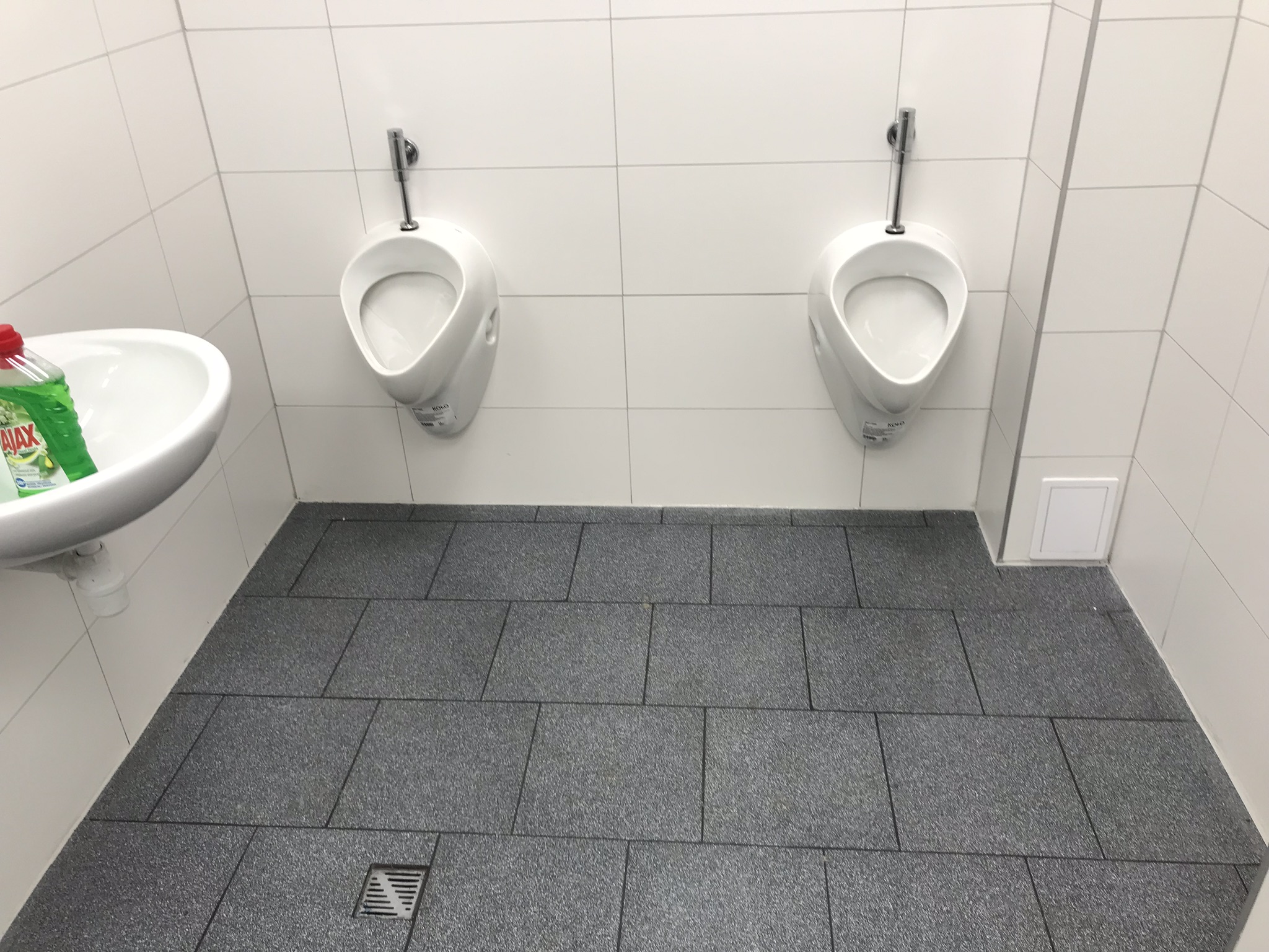 Publiczna toaleta z dwoma pisuarami, szarą podłogą z płytek i umywalką z płynem do mycia. Widoczne białe kafelki na ścianach.