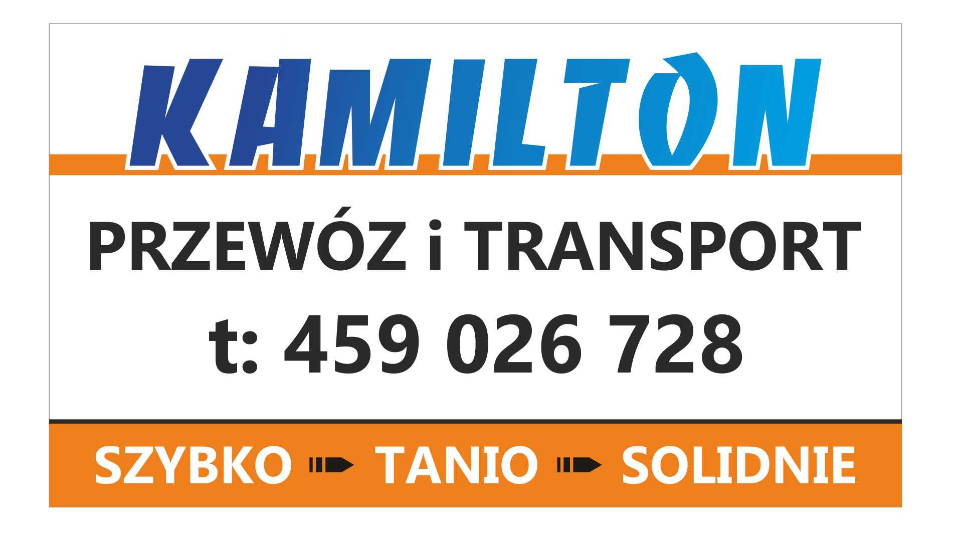 Logo firmy transportowej Kamilton z hasłem: Szybko, Tanio, Solidnie i numerem telefonu.