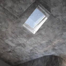 Szare płytki imitujące kamień na suficie łazienki, z oknem dachowym w kształcie kwadratu, widok od dołu.
