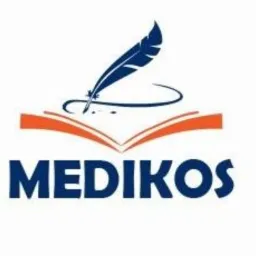 Logo MEDIKOS przedstawiające otwartą książkę z piórem, symbolizujące edukację medyczną.