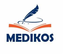 Logo MEDIKOS przedstawiające otwartą książkę z piórem, symbolizujące edukację medyczną.