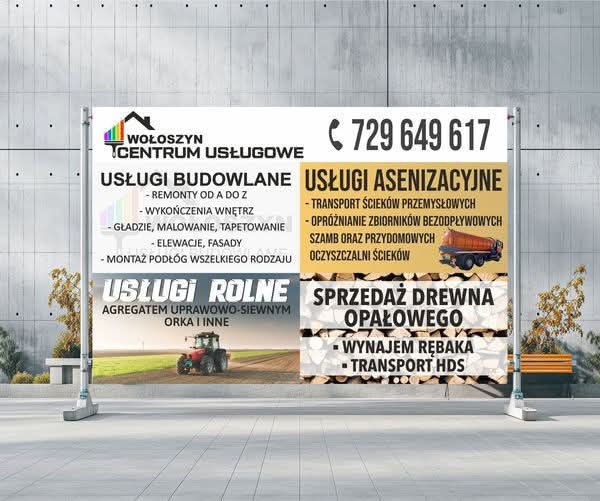 Baner reklamowy firmy oferującej usługi budowlane, asenizacyjne, rolne i sprzedaż drewna opałowego. Widoczne logo, numer telefonu i zakres usług.