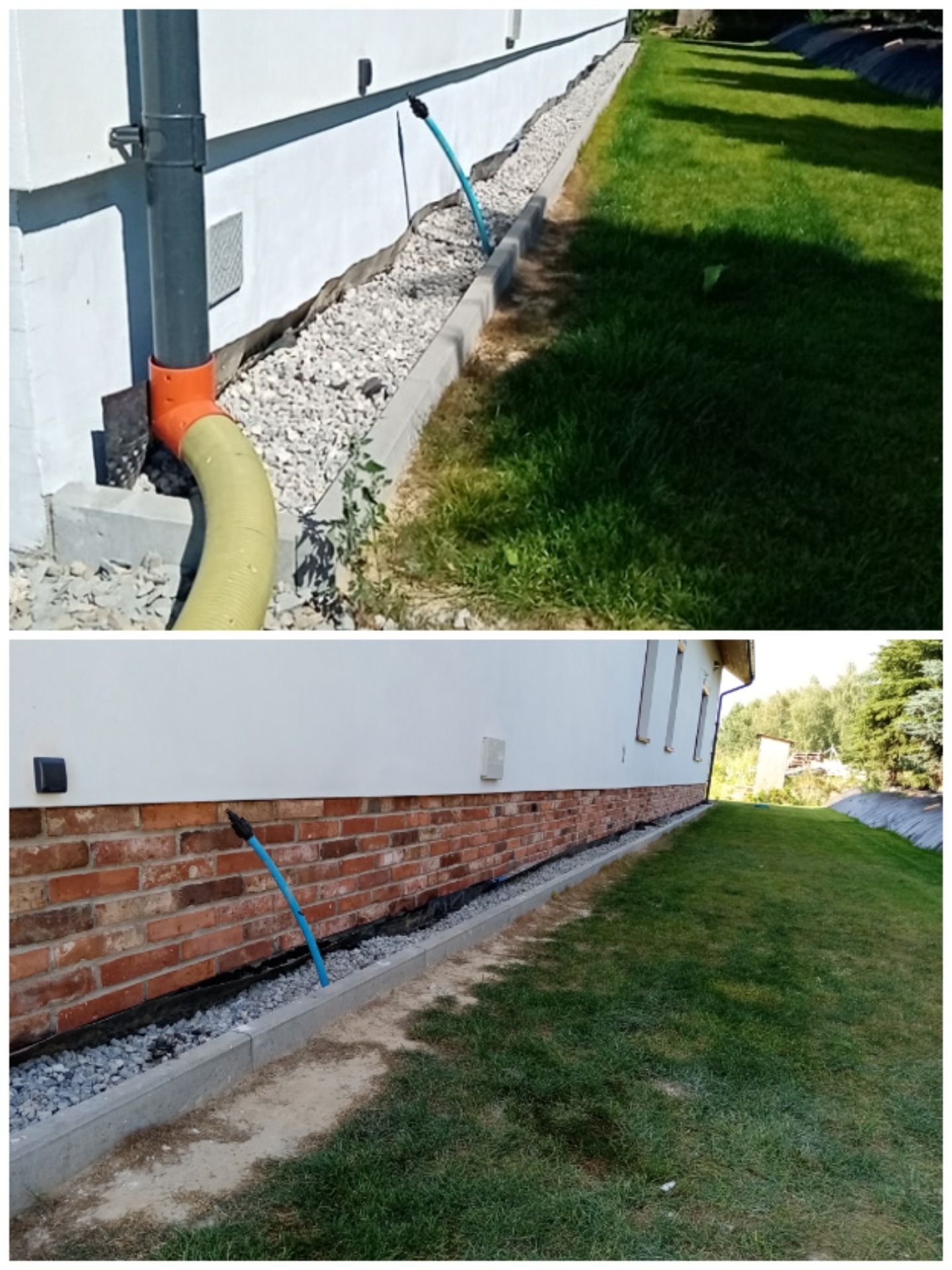 Dwa ujęcia: drenaż opaskowy z rurą odprowadzającą wodę przy białej elewacji i ceglanej podmurówce, obsypany drobnym kamieniem, oddzielony betonowym obrzeżem od trawnika.