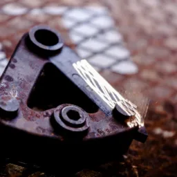 Metalowy element konstrukcyjny w kształcie trójkąta, z widocznymi śladami rdzy i obróbki, leżący na metalowej siatce.