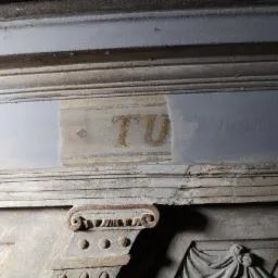 Fragment odrestaurowanego, zabytkowego elementu architektonicznego z inskrypcją 'TU' w trakcie prac konserwatorskich, widoczne ślady czyszczenia i uzupełniania ubytków.