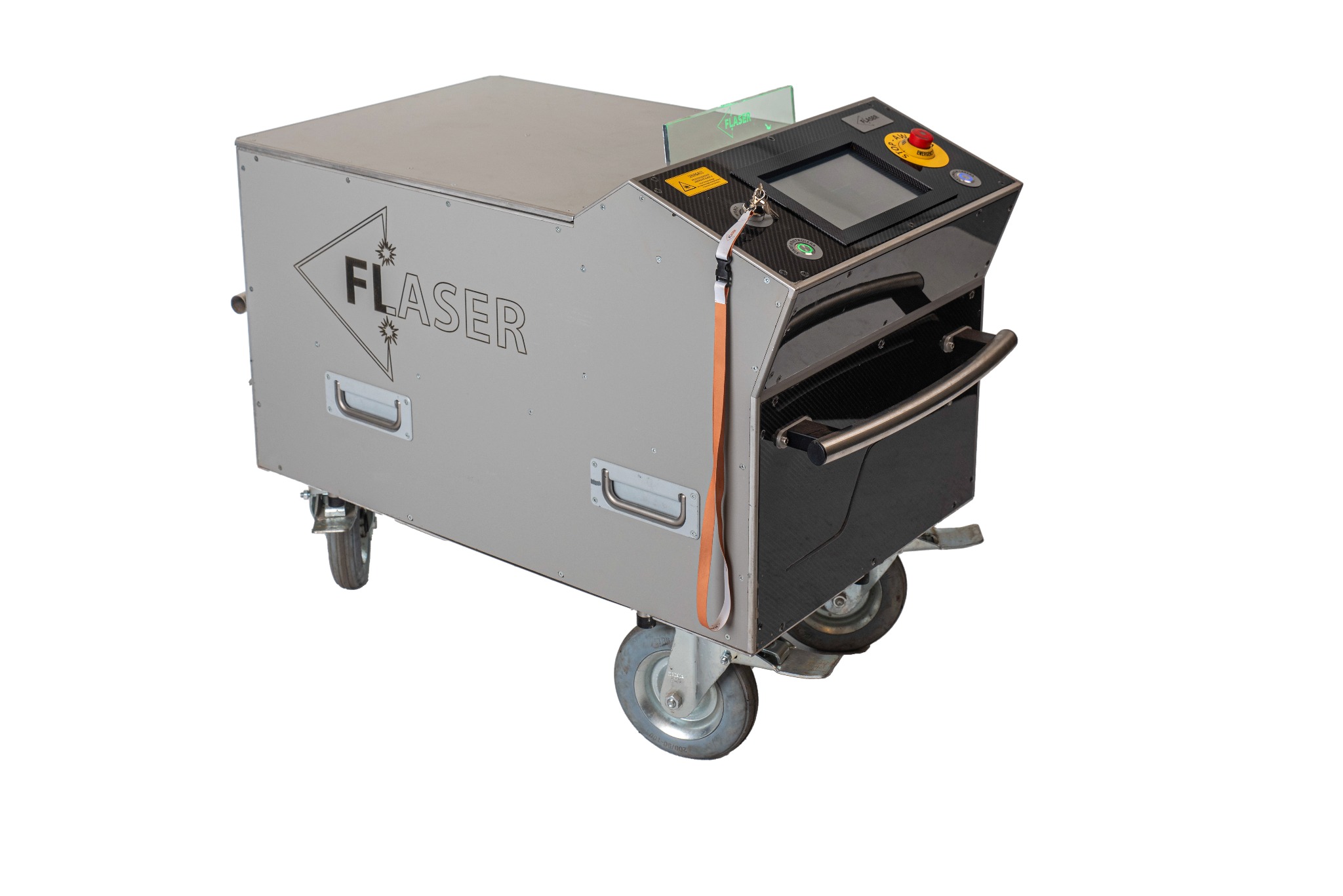 Przenośne urządzenie FLASER na kółkach z panelem sterowania, przyciskiem awaryjnym i uchwytami, przeznaczone do czyszczenia laserowego.