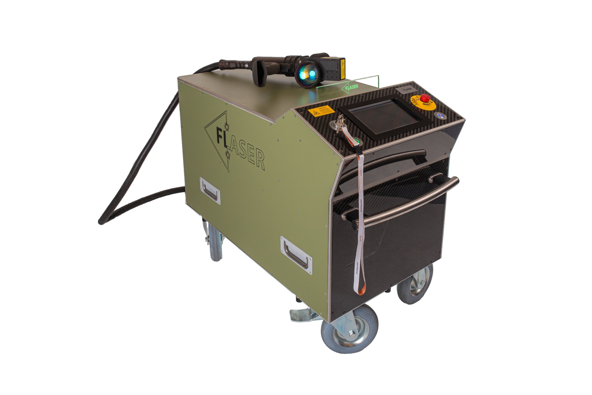 Mobilne urządzenie laserowe Flaser, z panelem sterowania i pistoletem laserowym, prezentowane przez firmę z Radziejowic.