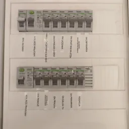 Rozdzielnica elektryczna z wyłącznikami różnicowoprądowymi i bezpiecznikami, opisana etykietami z nazwami obwodów: wyłącznik główny, wyłącznik różnicowoprądowy, oświetlenie korytarz-kuchnia...