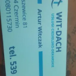 Wizytówka firmy dekarskiej WIT-DACH z Ciesielska, z adresem, numerem telefonu i NIP-em.