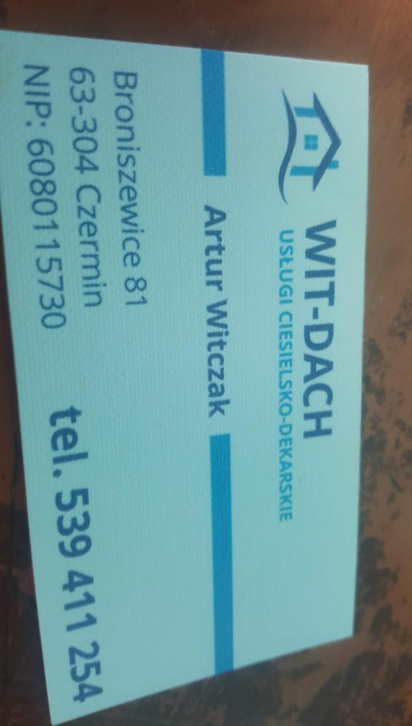 Wizytówka firmy dekarskiej WIT-DACH z Ciesielska, z adresem, numerem telefonu i NIP-em.