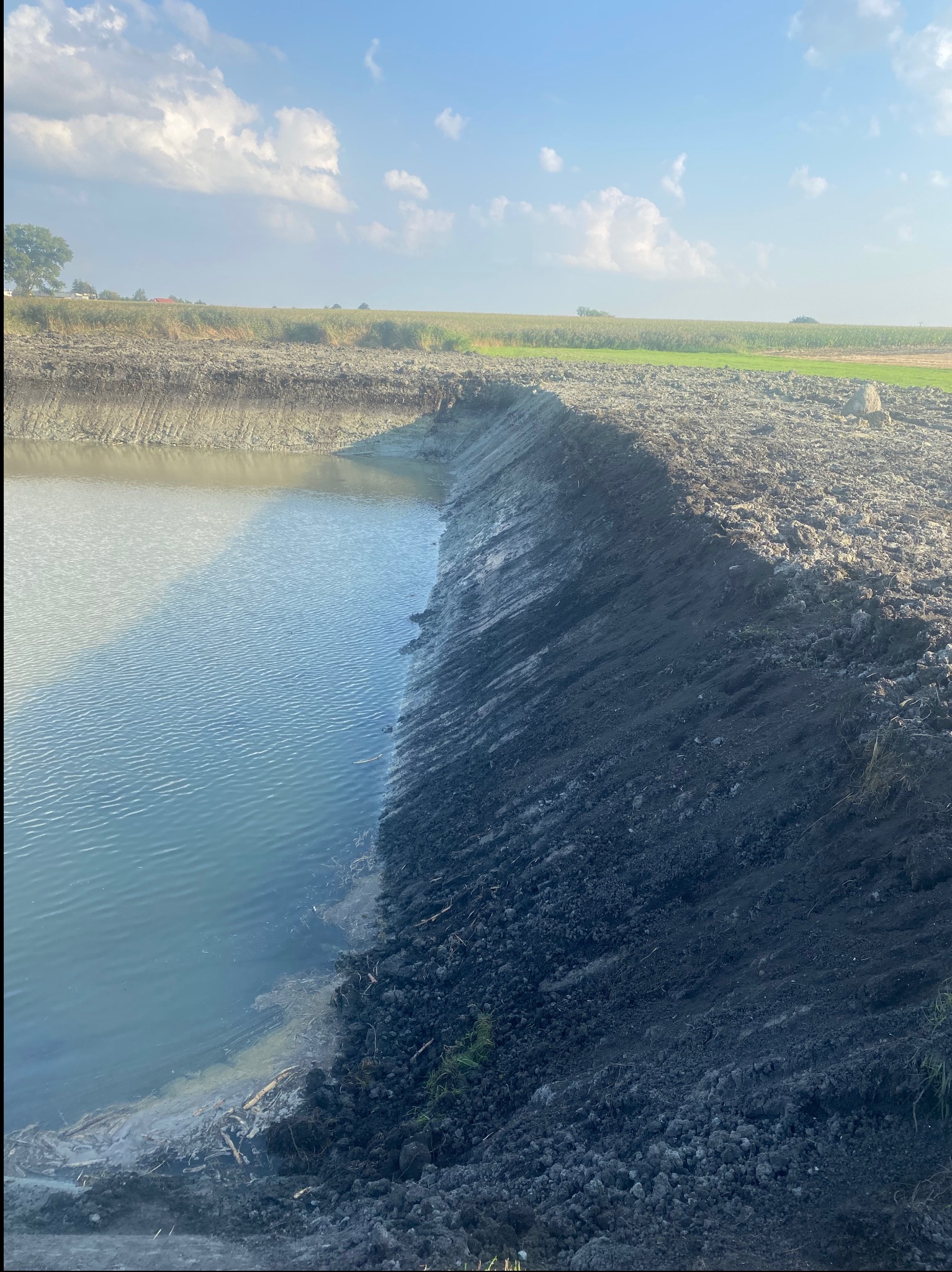 Wykopany staw w trakcie realizacji, z widoczną wodą i świeżo uformowanym brzegiem z ciemnej ziemi, na tle zieleni i błękitnego nieba z chmurami.