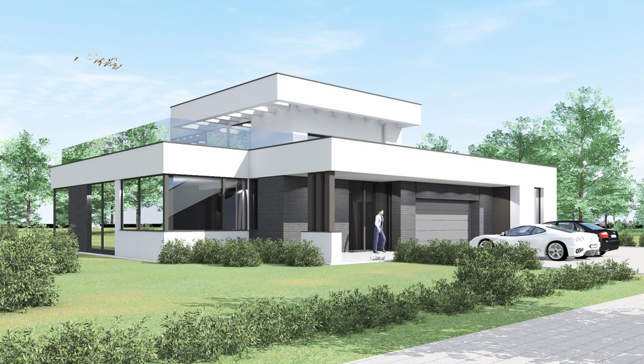 Wizualizacja nowoczesnego domu jednorodzinnego z płaskim dachem, szarymi elementami elewacji i dużymi oknami, otoczonego zielenią i z dwoma samochodami zaparkowanymi przed garażem.