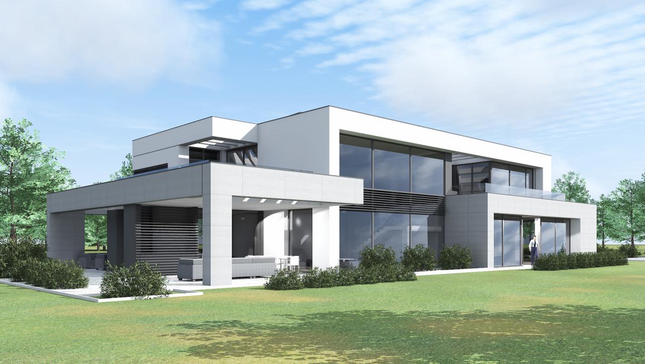 Wizualizacja nowoczesnego, dwukondygnacyjnego domu z płaskim dachem, dużymi przeszkleniami i tarasem, otoczonego zielenią, z widoczną osobą wchodzącą do środka.