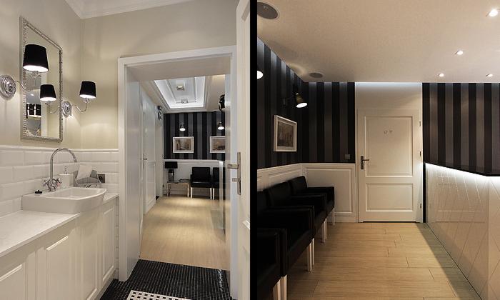 Nowoczesna aranżacja wnętrza budynku usługowego: widok z łazienki z białą armaturą na poczekalnię z czarnymi sofami i ścianami w czarno-białe pasy.