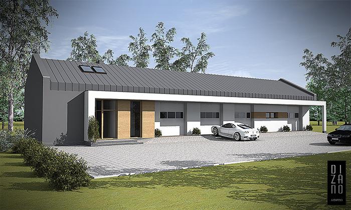 Wizualizacja budynku usługowego z szarą, metalową elewacją, płaskim dachem z oknami dachowymi, białymi elementami architektonicznymi, dwoma samochodami na podjeździe i logo firmy architektonicznej...