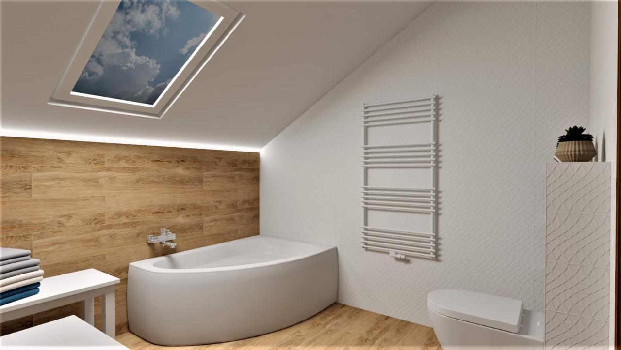 Nowoczesna łazienka na poddaszu z drewnopodobnymi płytkami, białą wanną, grzejnikiem drabinkowym i oknem dachowym z widokiem na niebo.