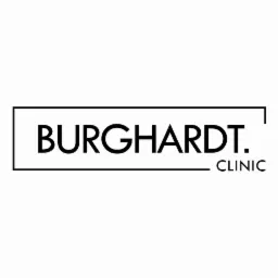 Logo Burghardt Clinic w czerni na białym tle, nazwa kliniki otoczona cienką czarną ramką.