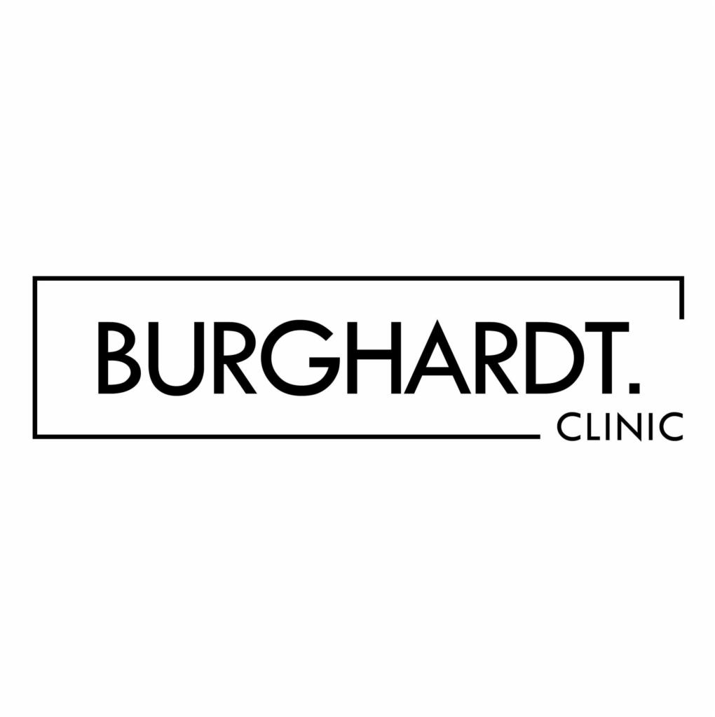 Logo Burghardt Clinic w czerni na białym tle, nazwa kliniki otoczona cienką czarną ramką.
