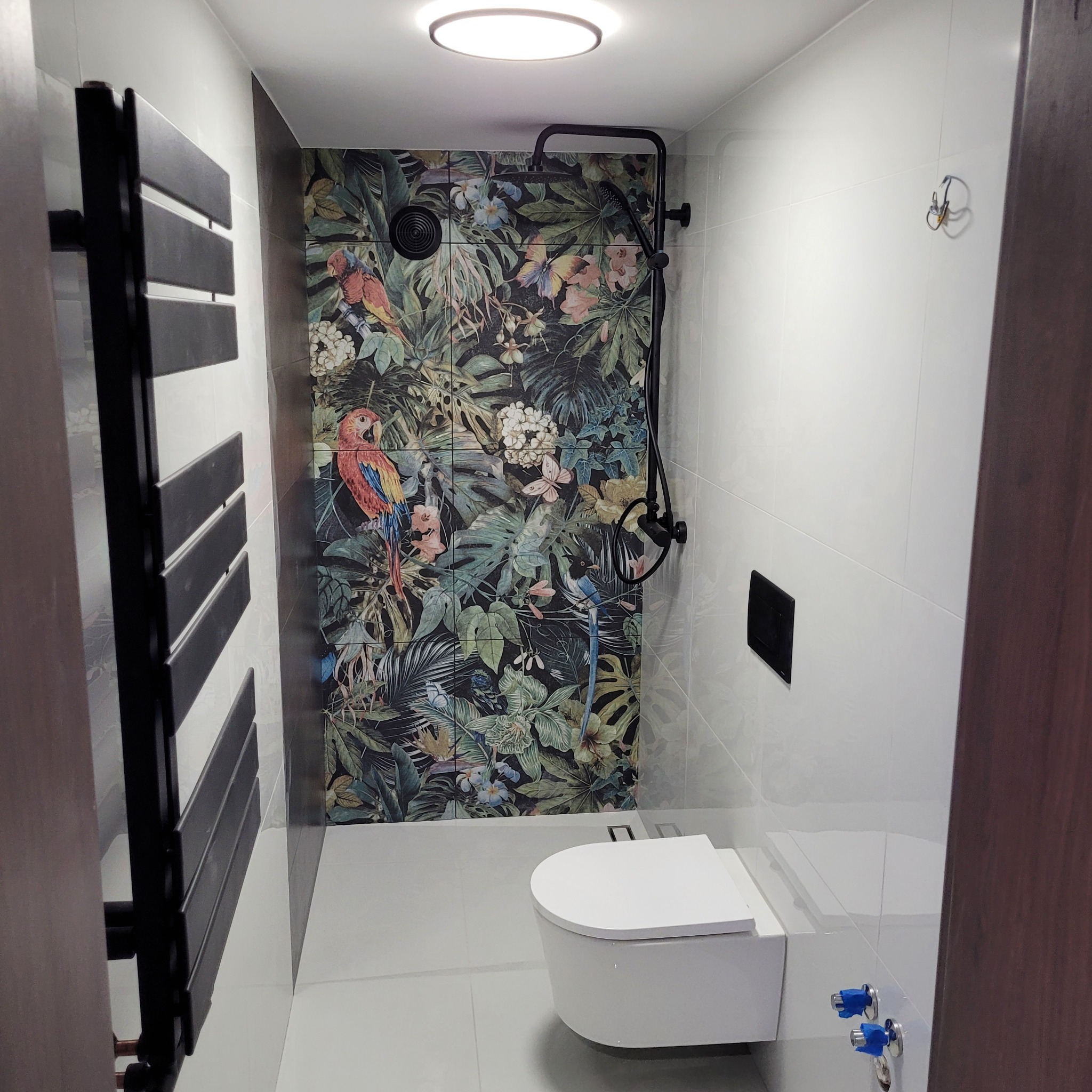 Biała łazienka z tropikalnym akcentem: płytki z motywem papug i roślin, czarna armatura prysznicowa, wisząca toaleta i grzejnik drabinkowy. Nowoczesny design.