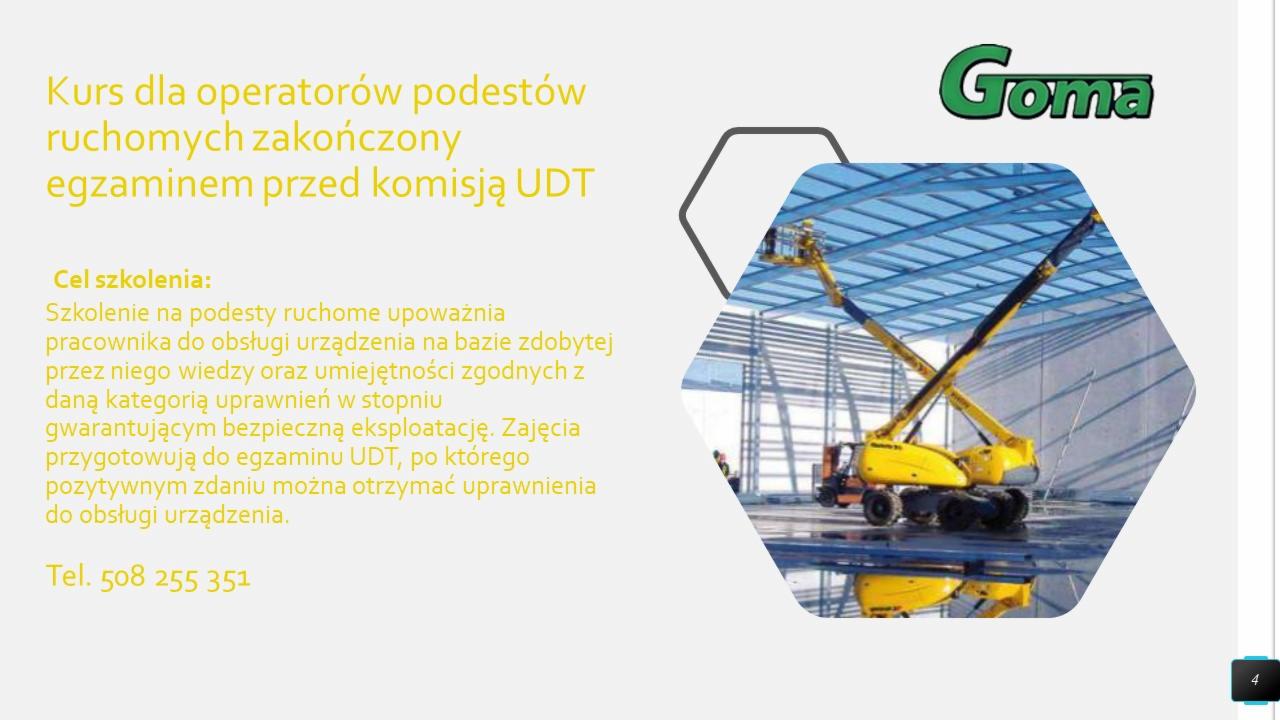Grafika informacyjna o kursie dla operatorów podestów ruchomych, zakończonym egzaminem UDT. Na zdjęciu żółty podnośnik koszowy na tle hali przemysłowej, odbijający się w mokrej posadzce. W tle...