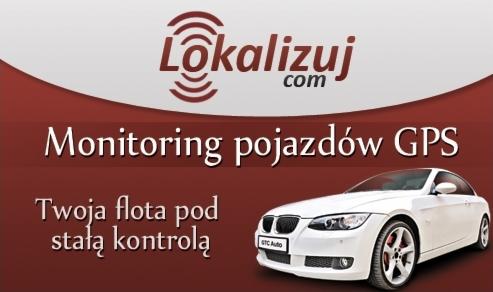 Grafika reklamowa: Logo Lokalizuj.com, napis Monitoring pojazdów GPS, hasło Twoja flota pod stałą kontrolą i białe auto.