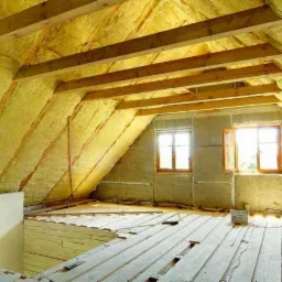 Poddasze w trakcie prac izolacyjnych, widoczne drewniane belki stropowe, wełna mineralna na skośnych ścianach i suficie, oraz częściowo położona podłoga z desek z widocznymi szczelinami, dwa okna...