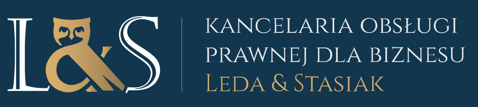 Logo kancelarii prawnej L&S Leda & Stasiak z motywem sowy w kolorze złotym na granatowym tle, oferującej obsługę prawną dla biznesu.