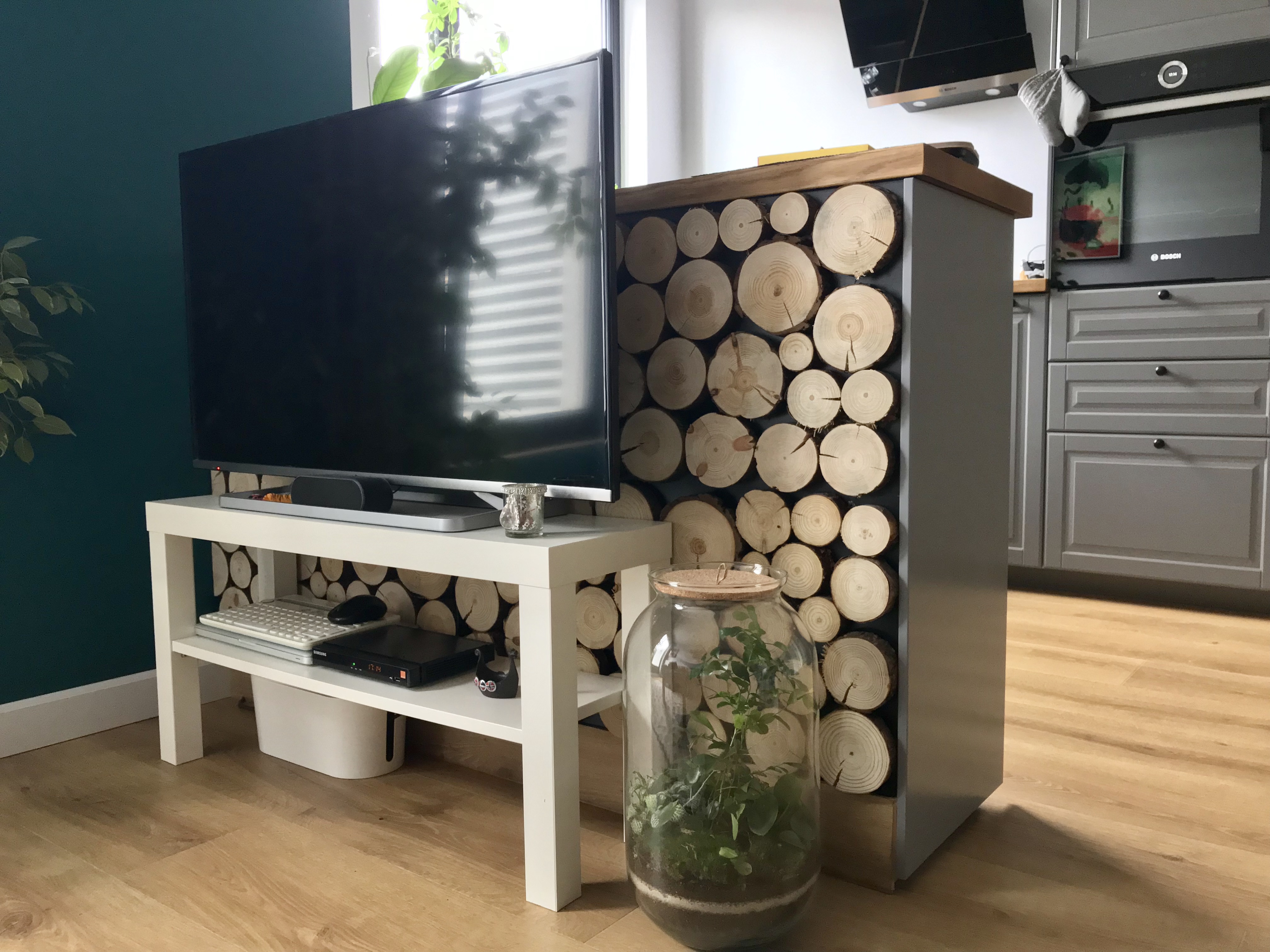 Telewizor na białym stoliku RTV, obok regał z dekoracją z plastrów drewna i duży słój z roślinami, na podłodze panele w odcieniach drewna, ściana pomalowana na ciemnozielono.