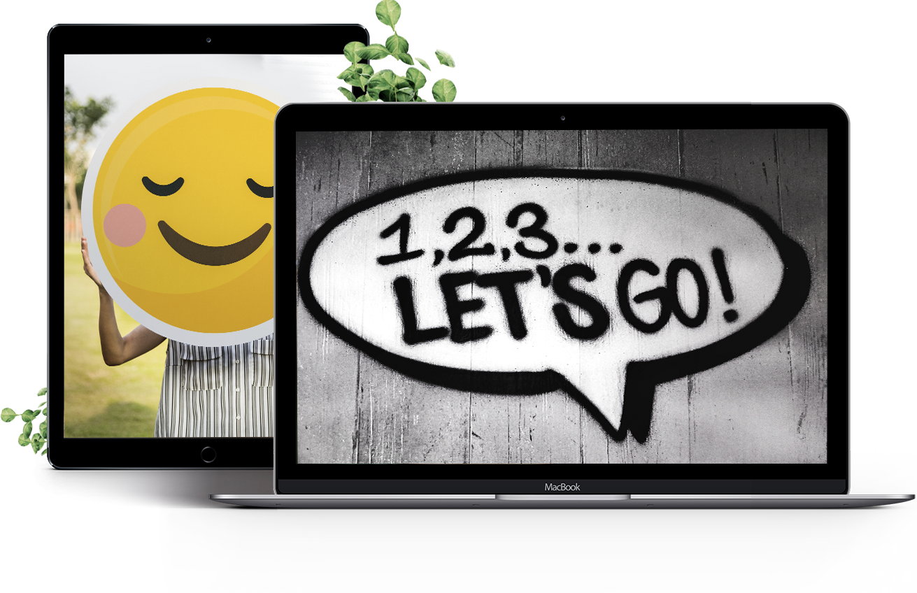 Dwa ekrany: tablet z żółtą buźką zakrywającą twarz osoby i laptop z napisem '1, 2, 3... LET'S GO!' w dymku, oba urządzenia otoczone dekoracyjną zielenią.
