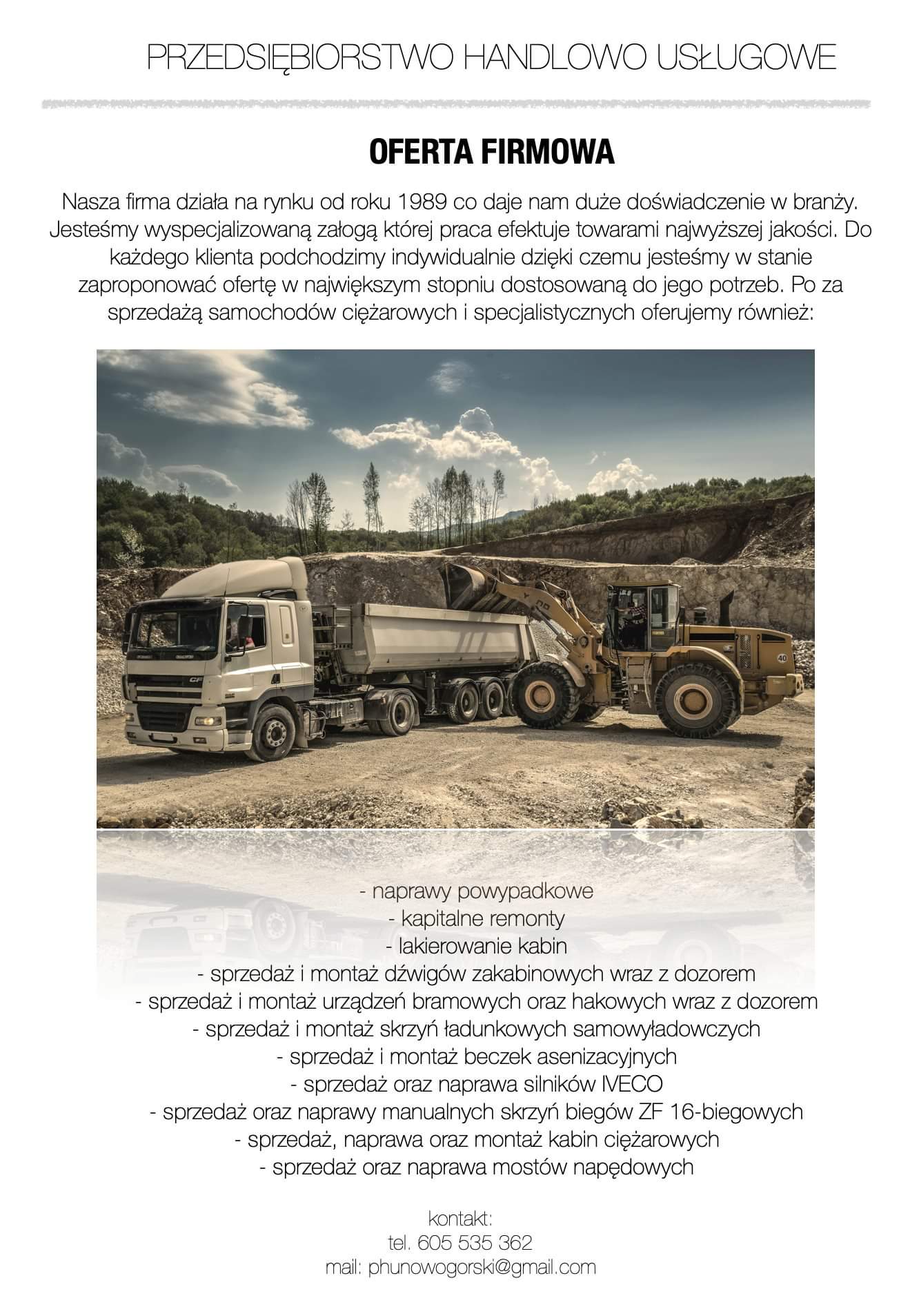 Zdjęcie firmowej oferty: ciężarówka z wywrotką i ładowarka kołowa na tle kamieniołomu, prezentacja działalności przedsiębiorstwa handlowo-usługowego.