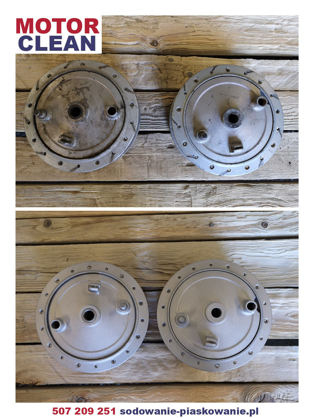 Dwie tarcze hamulcowe motocyklowe przed i po czyszczeniu, widoczne różnice w wyglądzie na tle drewnianych desek.