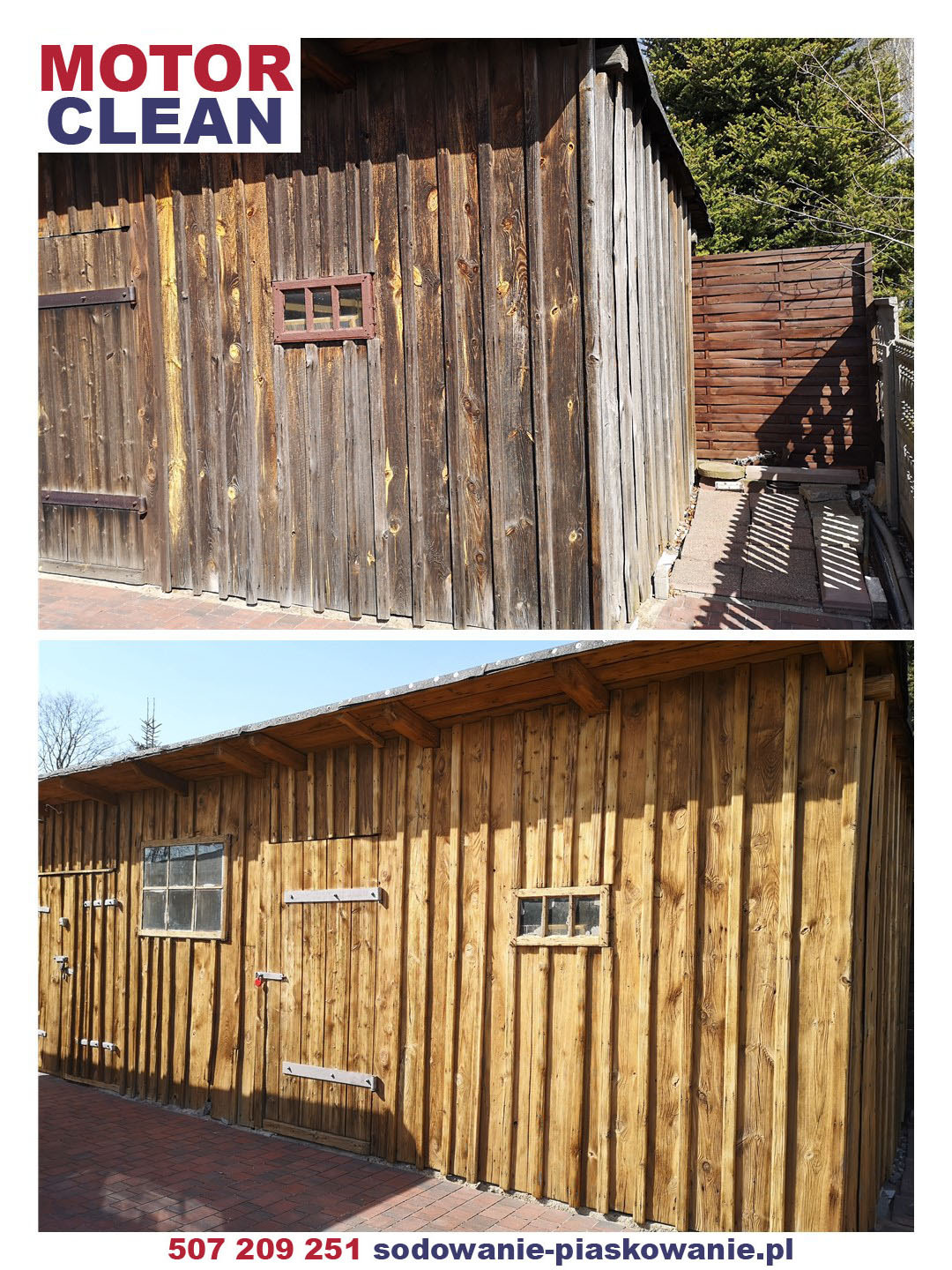 Porównanie stanu drewnianej szopy przed i po piaskowaniu. Górne zdjęcie przedstawia szopę z wyraźnymi śladami zabrudzeń i starzenia, dolne zdjęcie ukazuje odnowioną powierzchnię z jasnym...