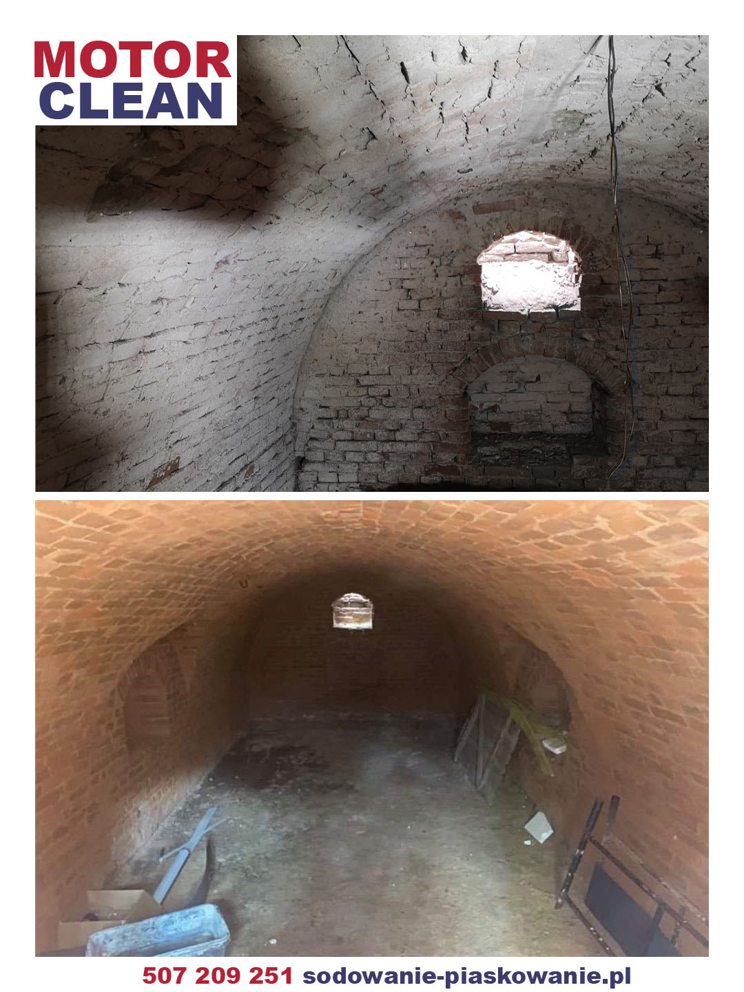 Ceglane sklepienie piwnicy przed i po czyszczeniu, widoczne różnice w kolorze i strukturze cegieł, zarys okna w głębi.