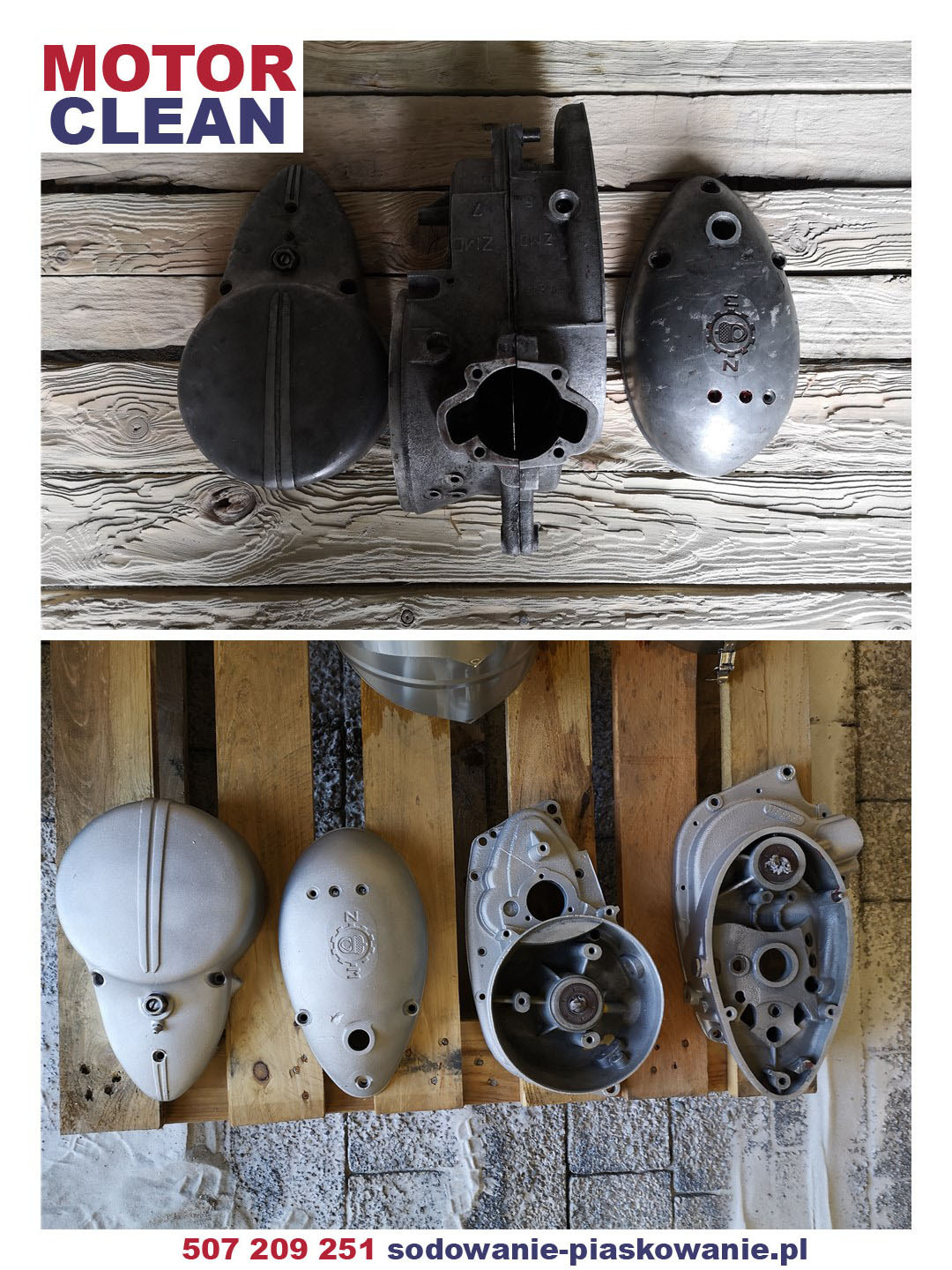 Części motocyklowe przed i po renowacji, widoczne różnice w kolorze i czystości na tle drewnianych desek i palety.