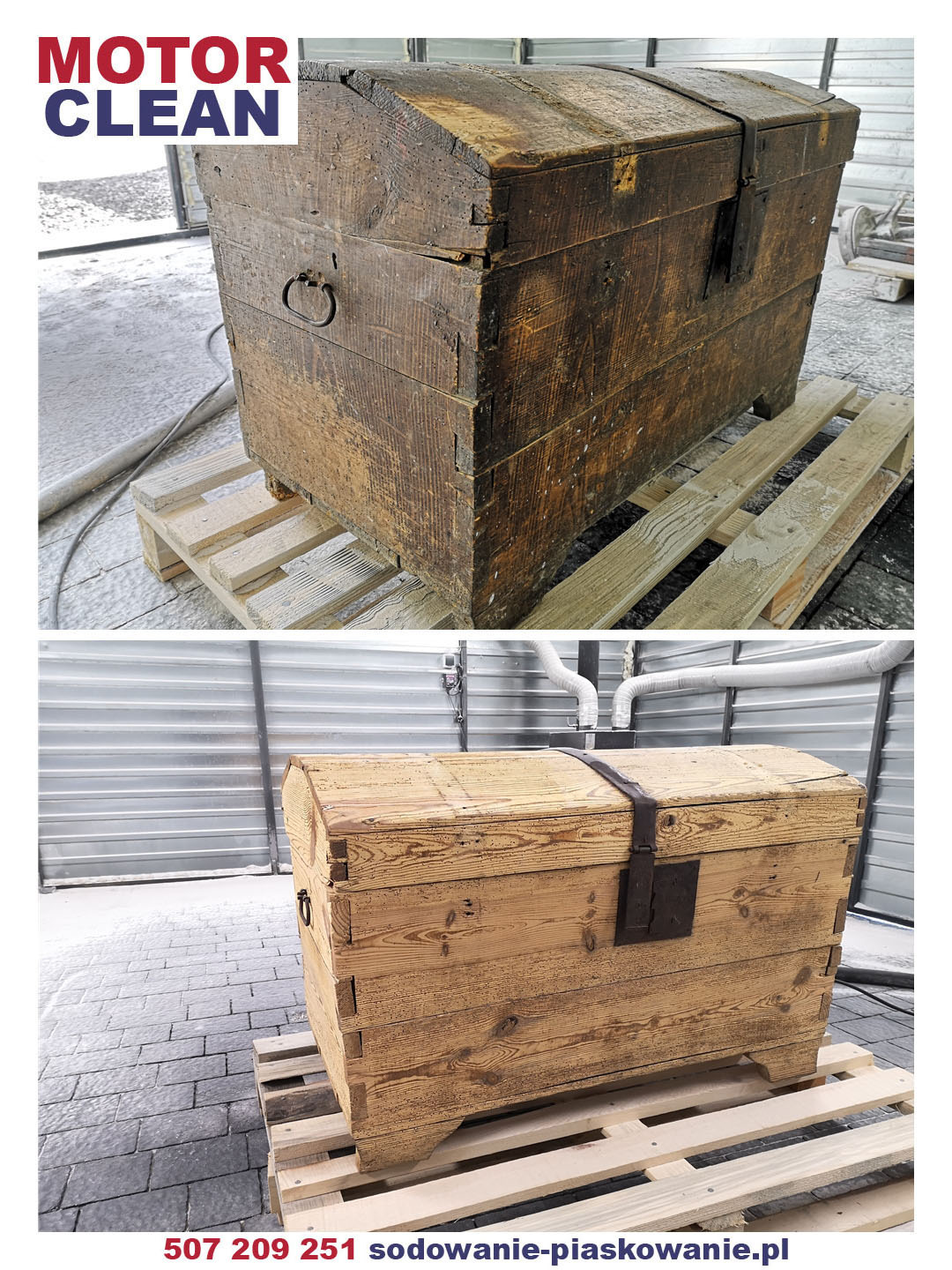 Drewniana skrzynia przed i po renowacji: górne ujęcie pokazuje ciemne, zabrudzone drewno, dolne prezentuje odnowioną, jasną powierzchnię z widocznym usłojeniem. Skrzynia stoi na drewnianej palecie...